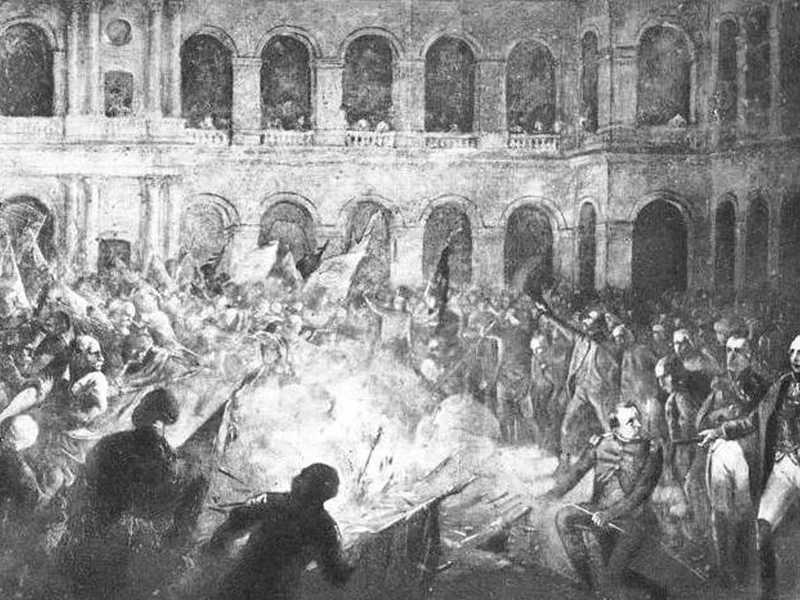 1814-Emile Defrenne - Bruciatura delle bandiere nella Cour d'Honneur degli Invalides, 30 marzo 1814